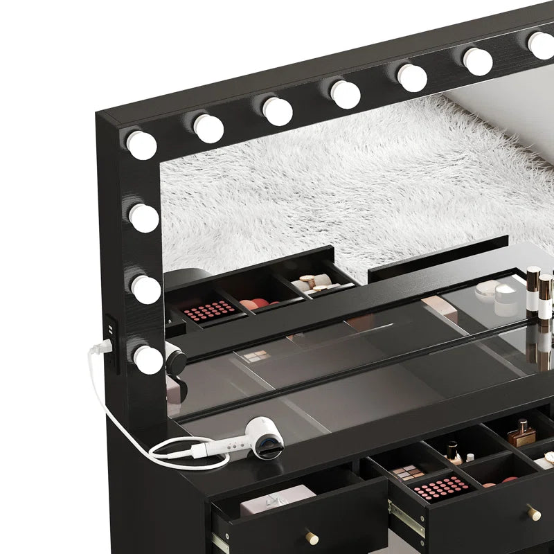 Resiter Vanity Table Set with Lighted Mirror & Charging Station & Stool - Wooden Bazar