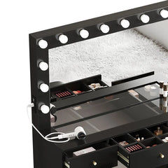 Resiter Vanity Table Set with Lighted Mirror & Charging Station & Stool - Wooden Bazar