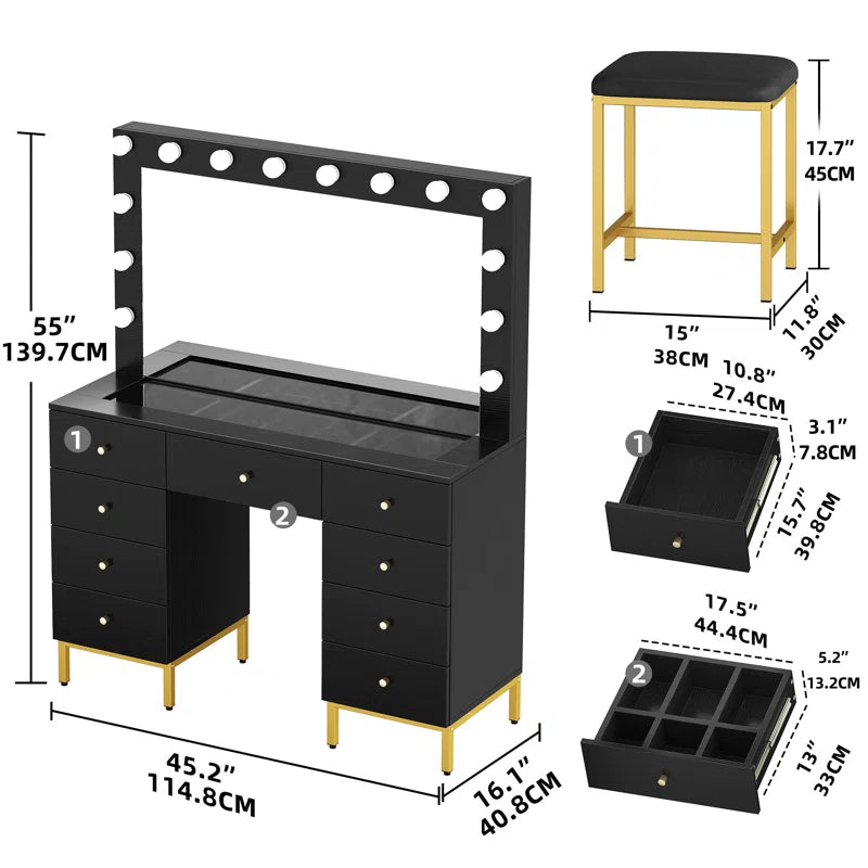 Resiter Vanity Table Set with Lighted Mirror & Charging Station & Stool - Wooden Bazar