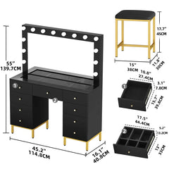 Resiter Vanity Table Set with Lighted Mirror & Charging Station & Stool - Wooden Bazar