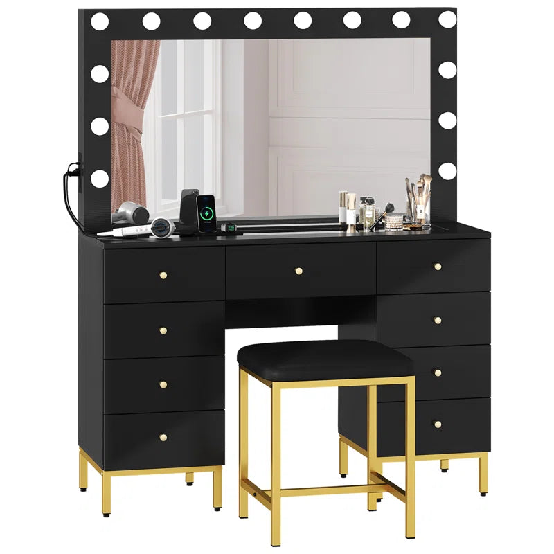 Resiter Vanity Table Set with Lighted Mirror & Charging Station & Stool - Wooden Bazar