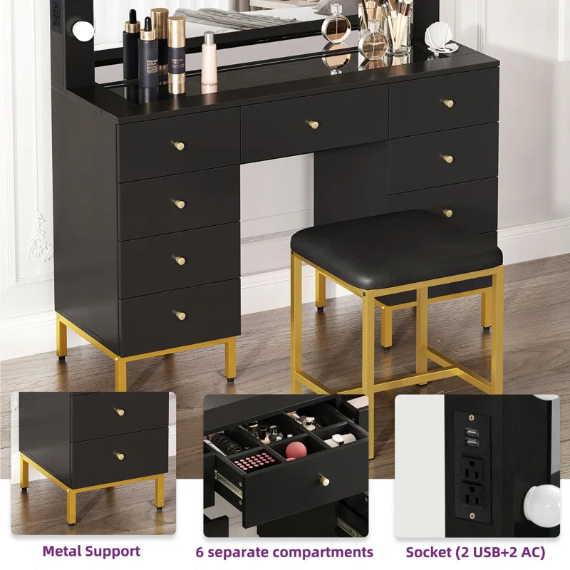 Resiter Vanity Table Set with Lighted Mirror & Charging Station & Stool - Wooden Bazar