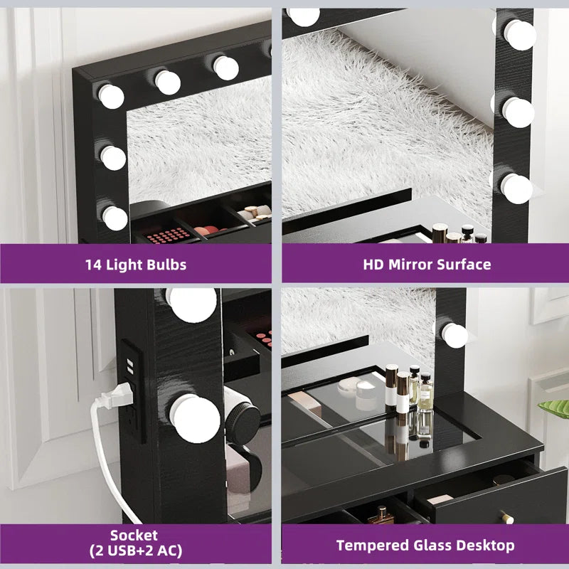 Resiter Vanity Table Set with Lighted Mirror & Charging Station & Stool - Wooden Bazar