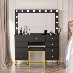 Resiter Vanity Table Set with Lighted Mirror & Charging Station & Stool - Wooden Bazar