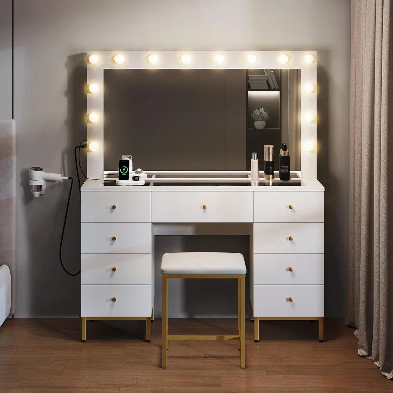 Resiter Vanity Table Set with Lighted Mirror & Charging Station & Stool - Wooden Bazar