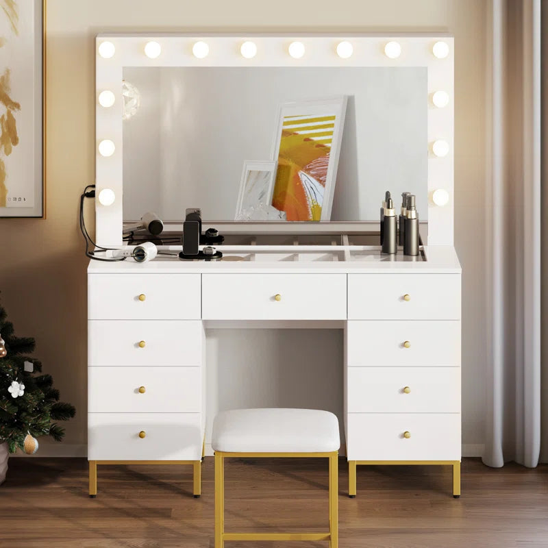 Resiter Vanity Table Set with Lighted Mirror & Charging Station & Stool - Wooden Bazar