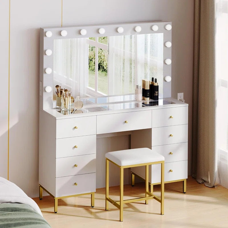 Resiter Vanity Table Set with Lighted Mirror & Charging Station & Stool - Wooden Bazar