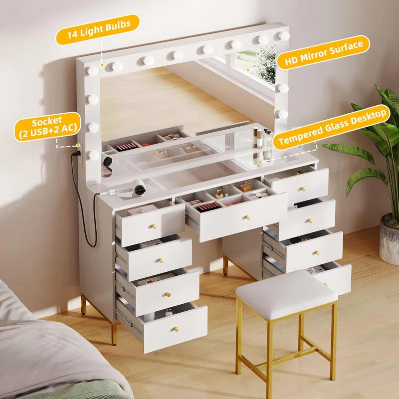 Resiter Vanity Table Set with Lighted Mirror & Charging Station & Stool - Wooden Bazar