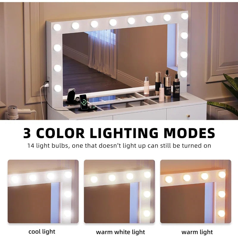 Resiter Vanity Table Set with Lighted Mirror & Charging Station & Stool - Wooden Bazar