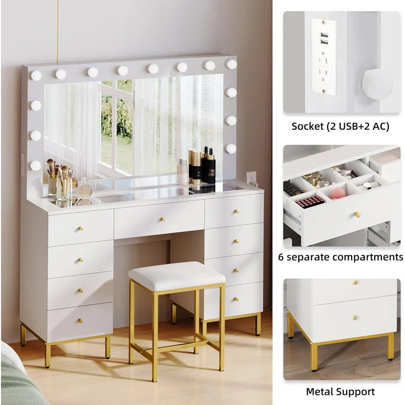 Resiter Vanity Table Set with Lighted Mirror & Charging Station & Stool - Wooden Bazar