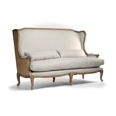 Upholstered Sofa with Carved Wood Frame – Vintage Linen Elegance