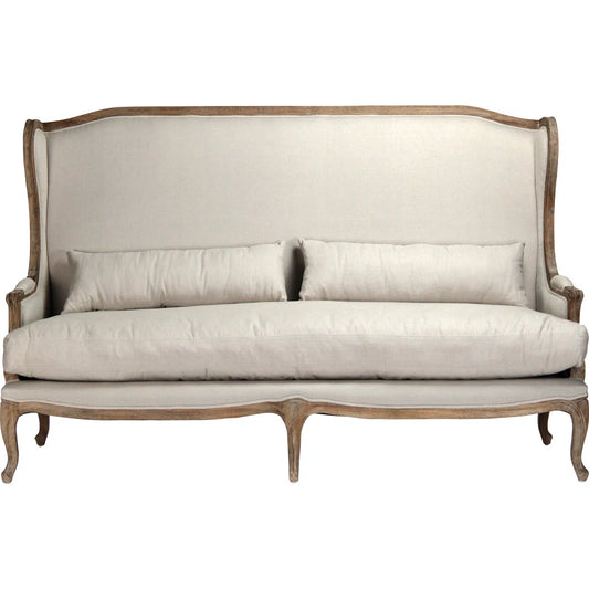 Upholstered Sofa with Carved Wood Frame – Vintage Linen Elegance