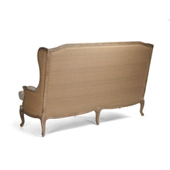 Upholstered Sofa with Carved Wood Frame – Vintage Linen Elegance