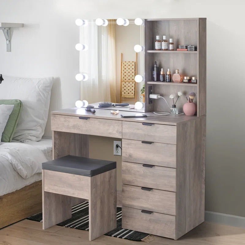 Nyzlox Vanity Table with Hollywood Mirror and Multiple Drawers in Rustic Grey Finish