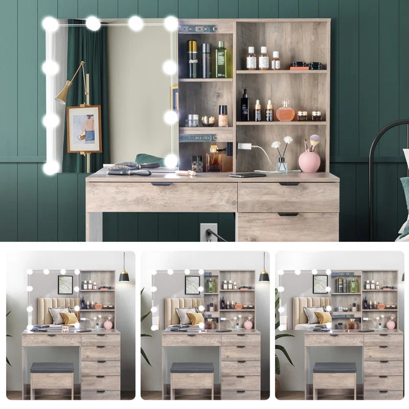 Nyzlox Vanity Table with Hollywood Mirror and Multiple Drawers in Rustic Grey Finish