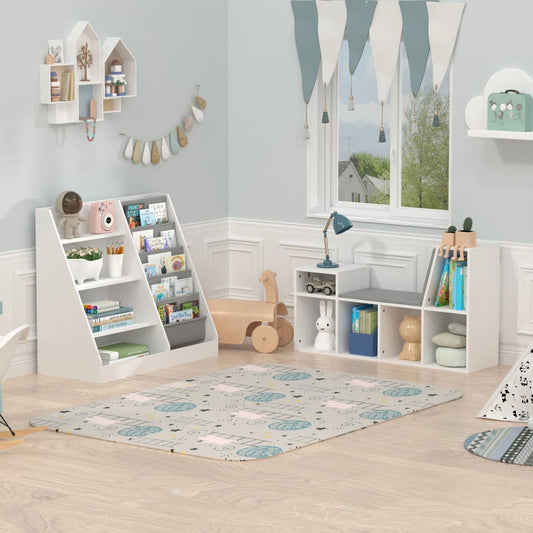 6-Tier Wooden Corner Reading Nook Organizer with Seat Cushion and Storage - Wooden Bazar