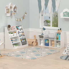 6-Tier Wooden Corner Reading Nook Organizer with Seat Cushion and Storage - Wooden Bazar