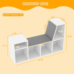 6-Tier Wooden Corner Reading Nook Organizer with Seat Cushion and Storage - Wooden Bazar