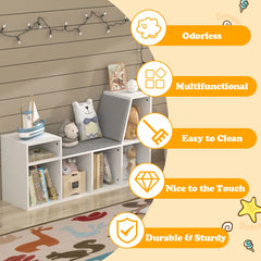 6-Tier Wooden Corner Reading Nook Organizer with Seat Cushion and Storage - Wooden Bazar