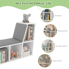 6-Tier Wooden Corner Reading Nook Organizer with Seat Cushion and Storage - Wooden Bazar