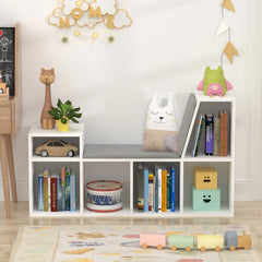 6-Tier Wooden Corner Reading Nook Organizer with Seat Cushion and Storage - Wooden Bazar