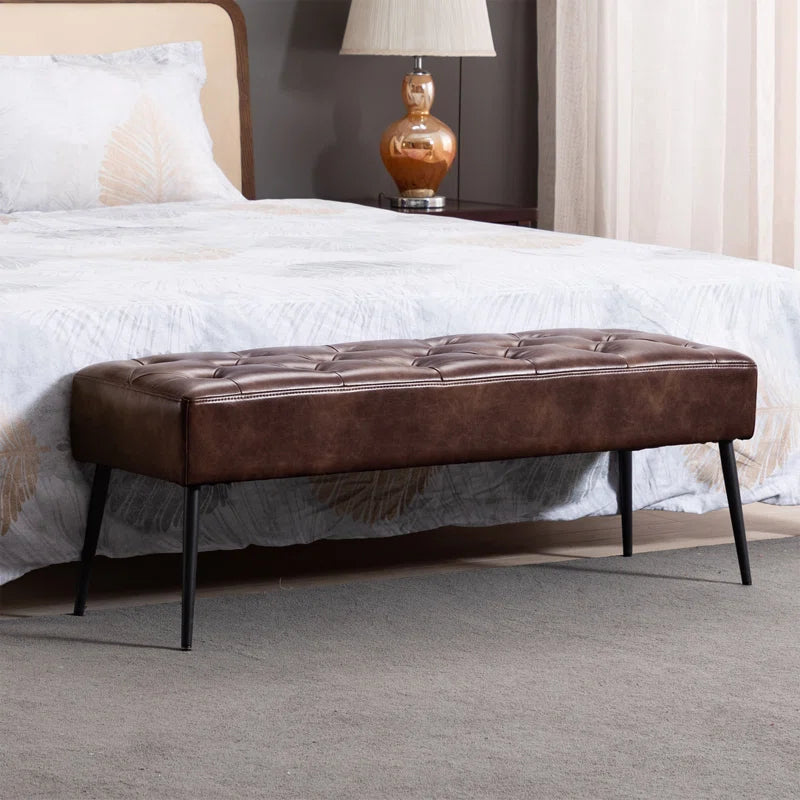Leverson Mid-Century Modern Tufted Leather Bench Wide with Metal Legs