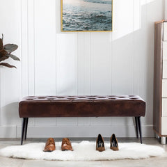 Leverson Mid-Century Modern Tufted Leather Bench Wide with Metal Legs