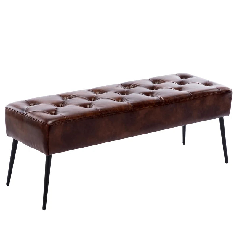Leverson Mid-Century Modern Tufted Leather Bench Wide with Metal Legs