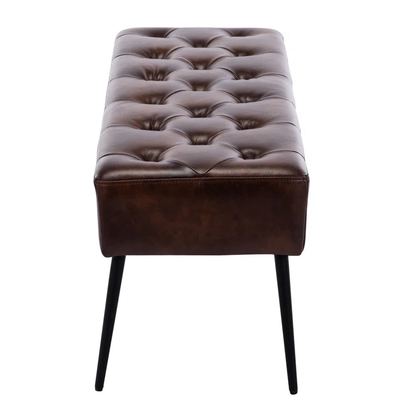 Leverson Mid-Century Modern Tufted Leather Bench Wide with Metal Legs