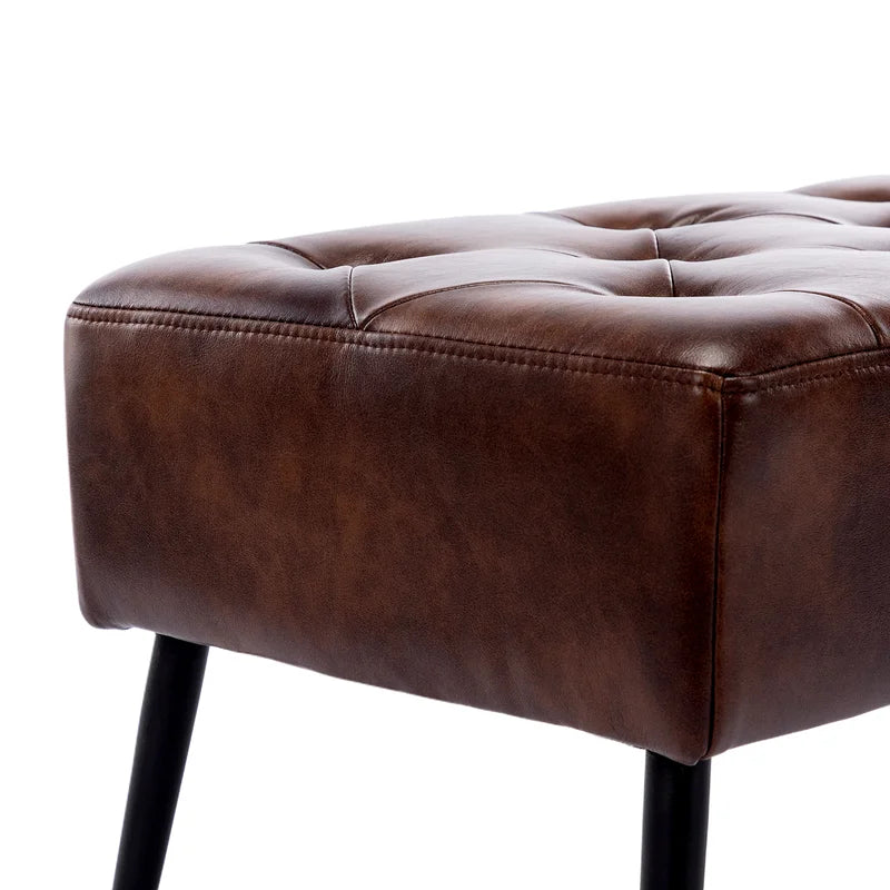 Leverson Mid-Century Modern Tufted Leather Bench Wide with Metal Legs