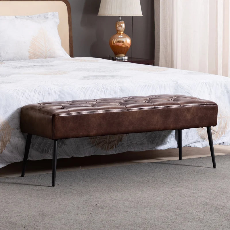 Leverson Mid-Century Modern Tufted Leather Bench Wide with Metal Legs