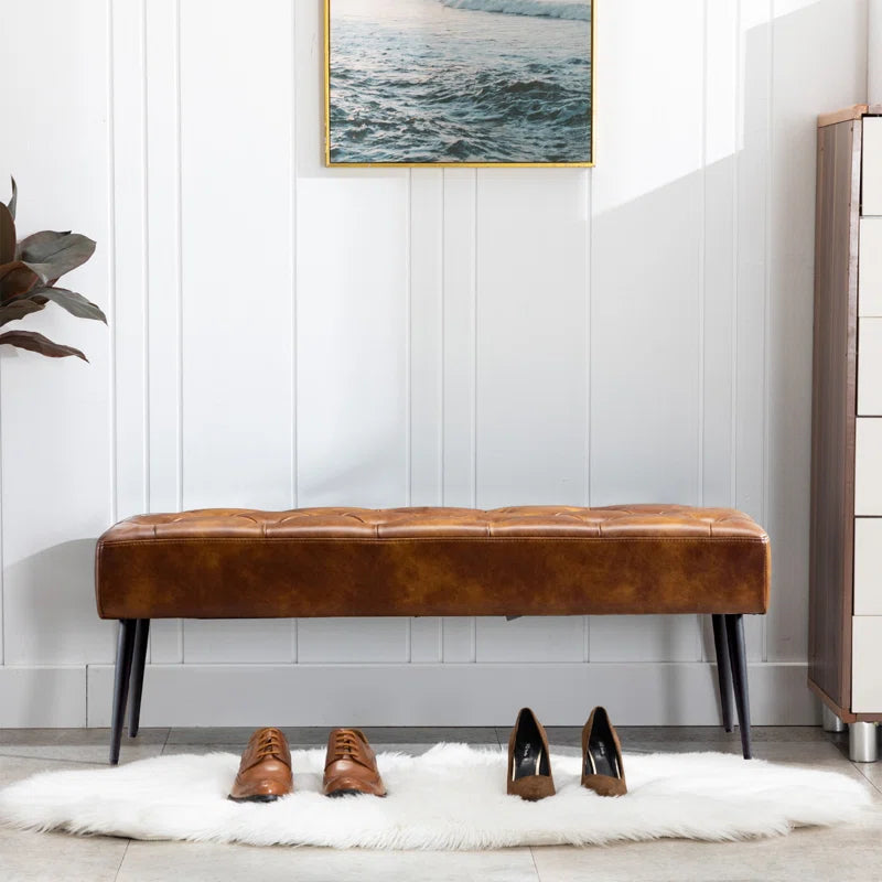 Leverson Mid-Century Modern Tufted Leather Bench Wide with Metal Legs