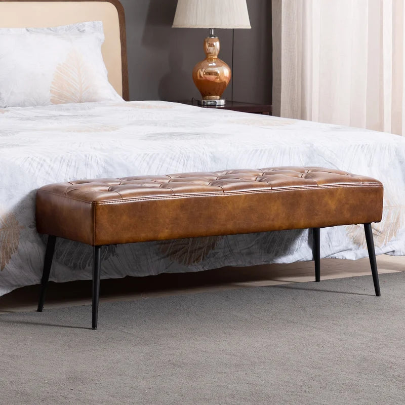 Leverson Mid-Century Modern Tufted Leather Bench Wide with Metal Legs