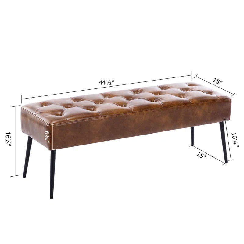 Leverson Mid-Century Modern Tufted Leather Bench Wide with Metal Legs