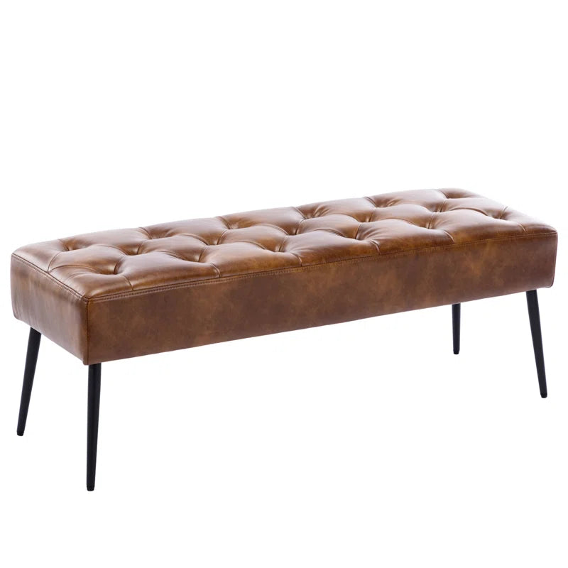 Leverson Mid-Century Modern Tufted Leather Bench Wide with Metal Legs