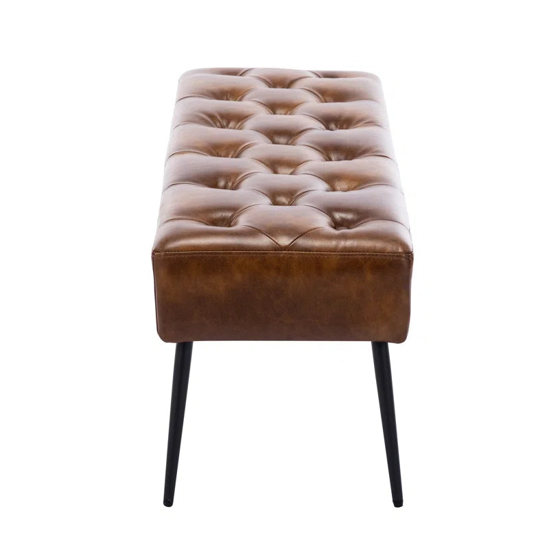 Leverson Mid-Century Modern Tufted Leather Bench Wide with Metal Legs