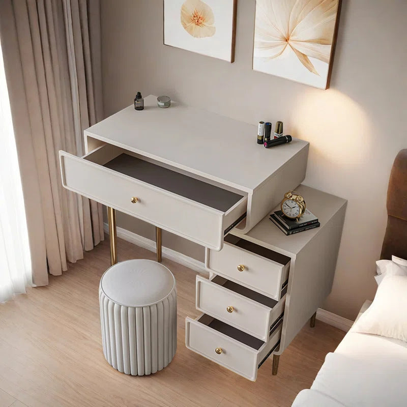 Keliis Modern White & Gold Makeup Vanity with Storage Drawers and Padded Stool