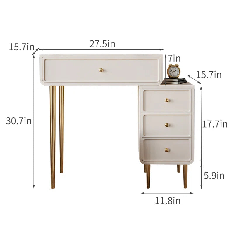 Keliis Modern White & Gold Makeup Vanity with Storage Drawers and Padded Stool