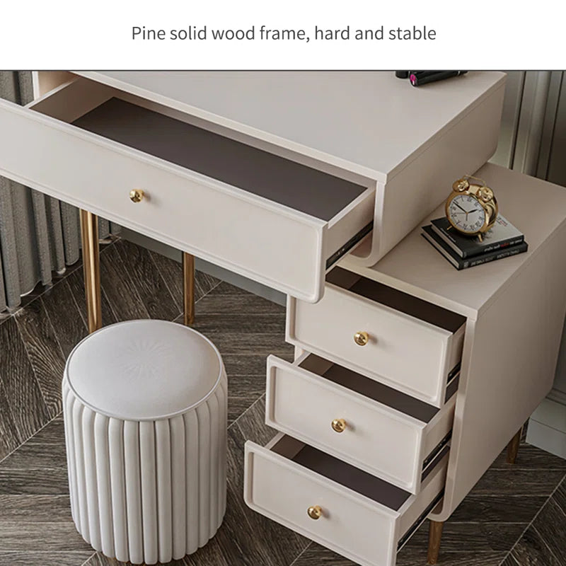 Keliis Modern White & Gold Makeup Vanity with Storage Drawers and Padded Stool