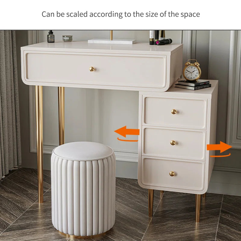Keliis Modern White & Gold Makeup Vanity with Storage Drawers and Padded Stool