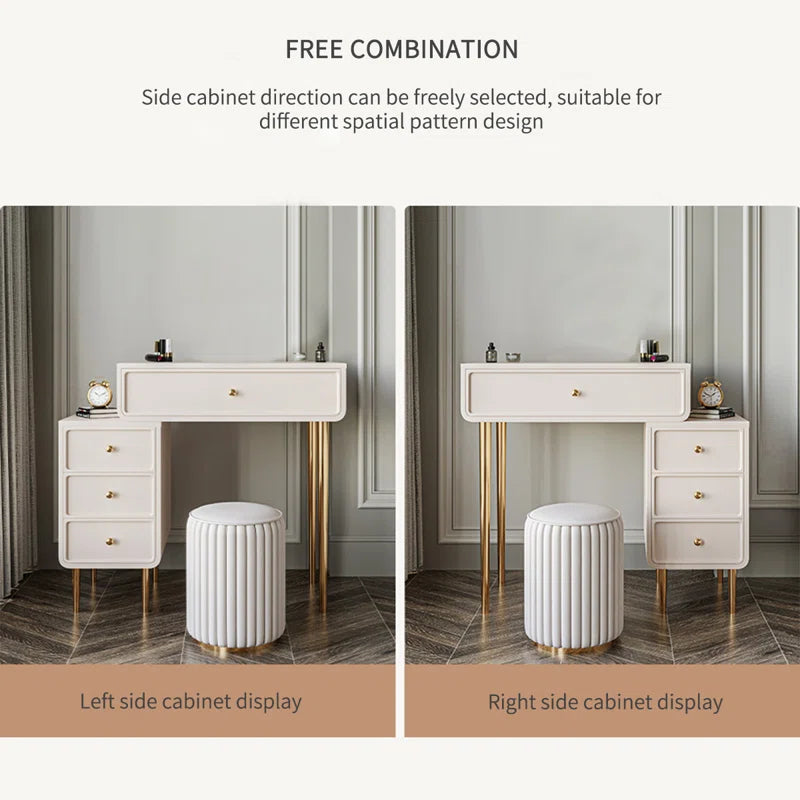 Keliis Modern White & Gold Makeup Vanity with Storage Drawers and Padded Stool
