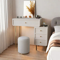 Keliis Modern White & Gold Makeup Vanity with Storage Drawers and Padded Stool