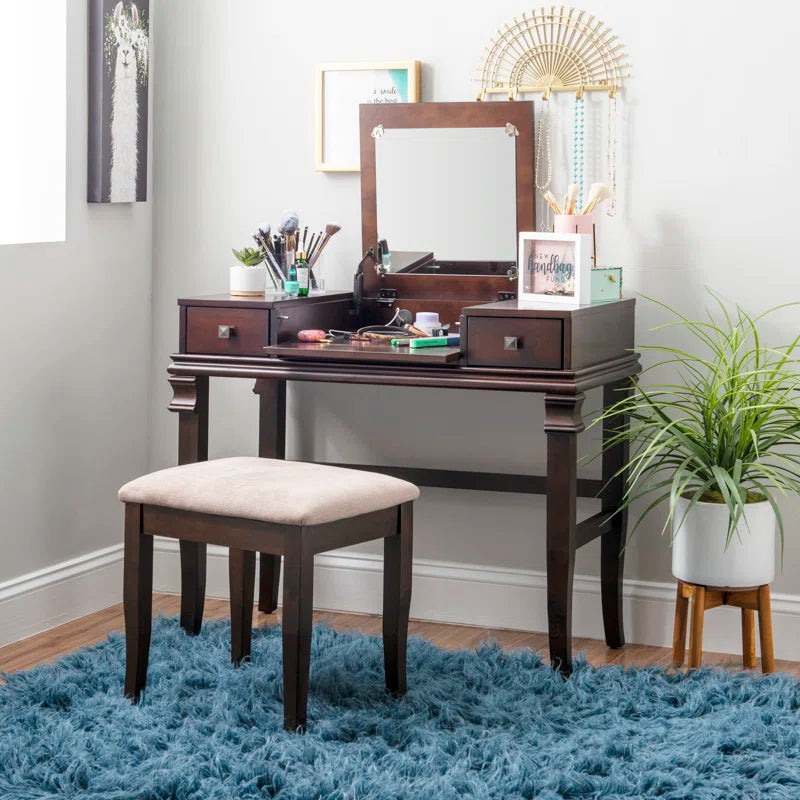 Zeritto Vanity Set with Stool and Mirror - Wooden Bazar