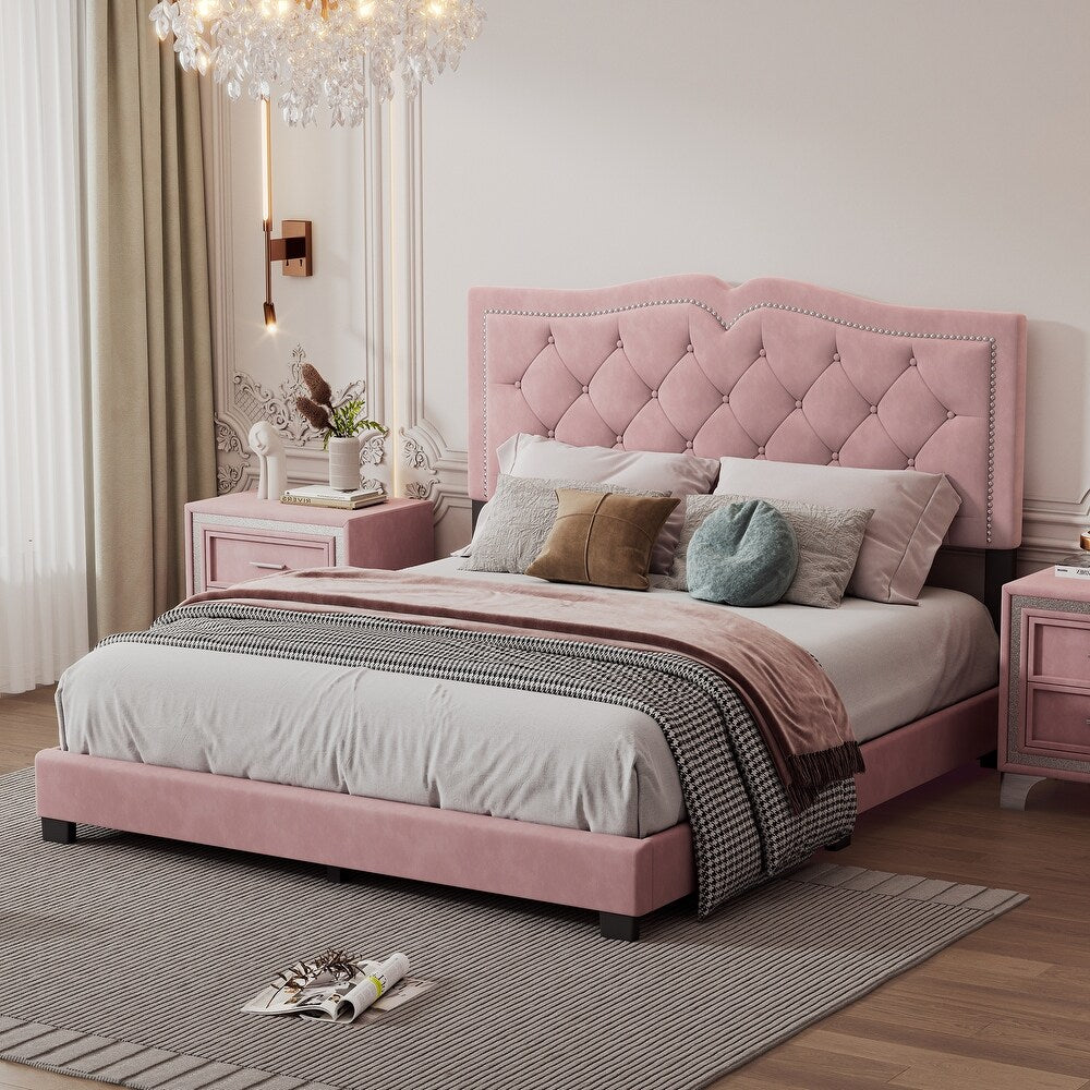 Luxurious Queen Size Velvet Upholstered Platform Bed Frame with Tufted Headboard and Rivet Detailing