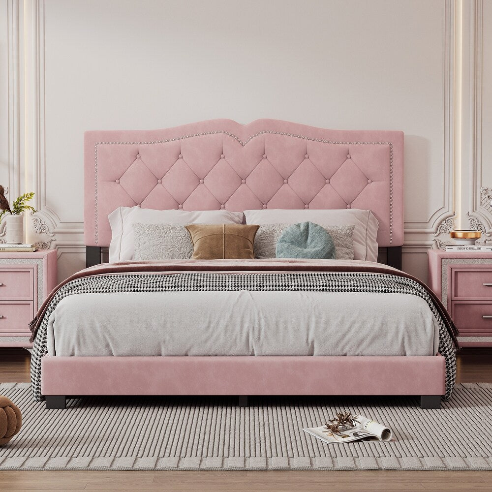 Luxurious Queen Size Velvet Upholstered Platform Bed Frame with Tufted Headboard and Rivet Detailing