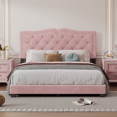 Luxurious Queen Size Velvet Upholstered Platform Bed Frame with Tufted Headboard and Rivet Detailing