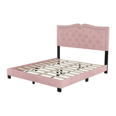 Luxurious Queen Size Velvet Upholstered Platform Bed Frame with Tufted Headboard and Rivet Detailing