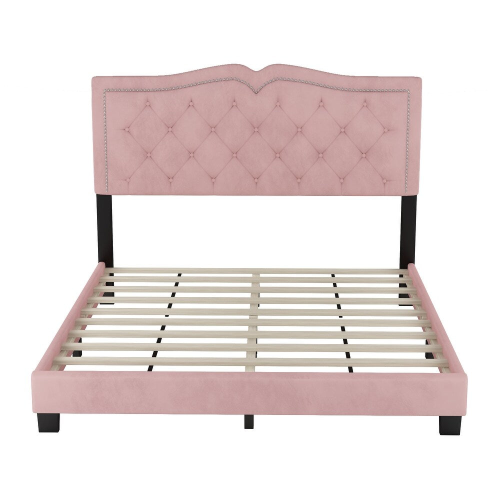 Luxurious Queen Size Velvet Upholstered Platform Bed Frame with Tufted Headboard and Rivet Detailing