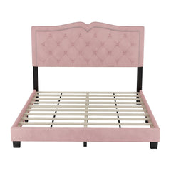 Luxurious Queen Size Velvet Upholstered Platform Bed Frame with Tufted Headboard and Rivet Detailing