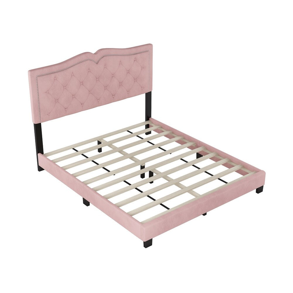 Luxurious Queen Size Velvet Upholstered Platform Bed Frame with Tufted Headboard and Rivet Detailing